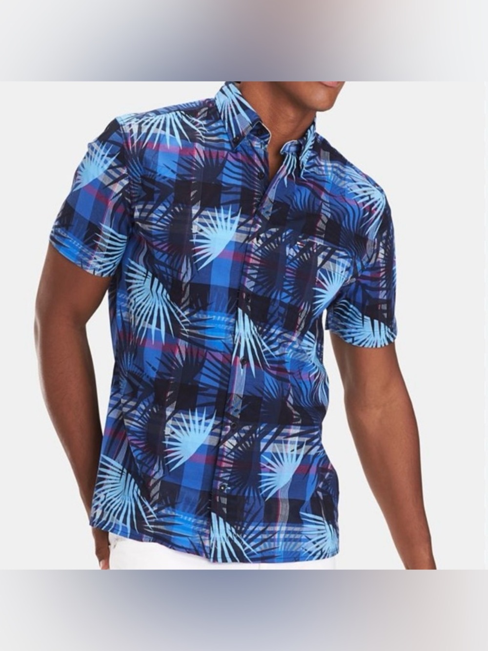 Tommy Hilfiger Tropical Plaid Blue Short-Sleeve Button-Down Shirt - Size XL